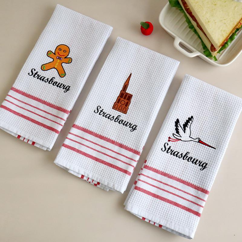 1Pc 40x60cm Cotton White Home Waffle Embroidered Tea Towel Table Napkin Place Mat Kitchen Dishcloth Xmas Gift