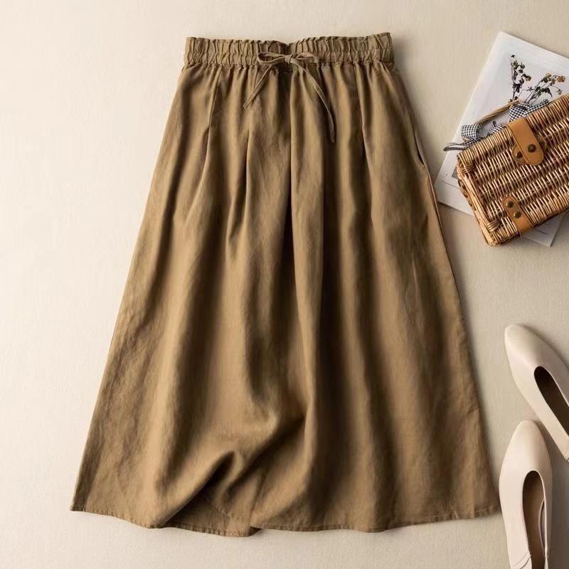 Women's Retro A-line Cotton Skirt with Tie & Elastic Waist