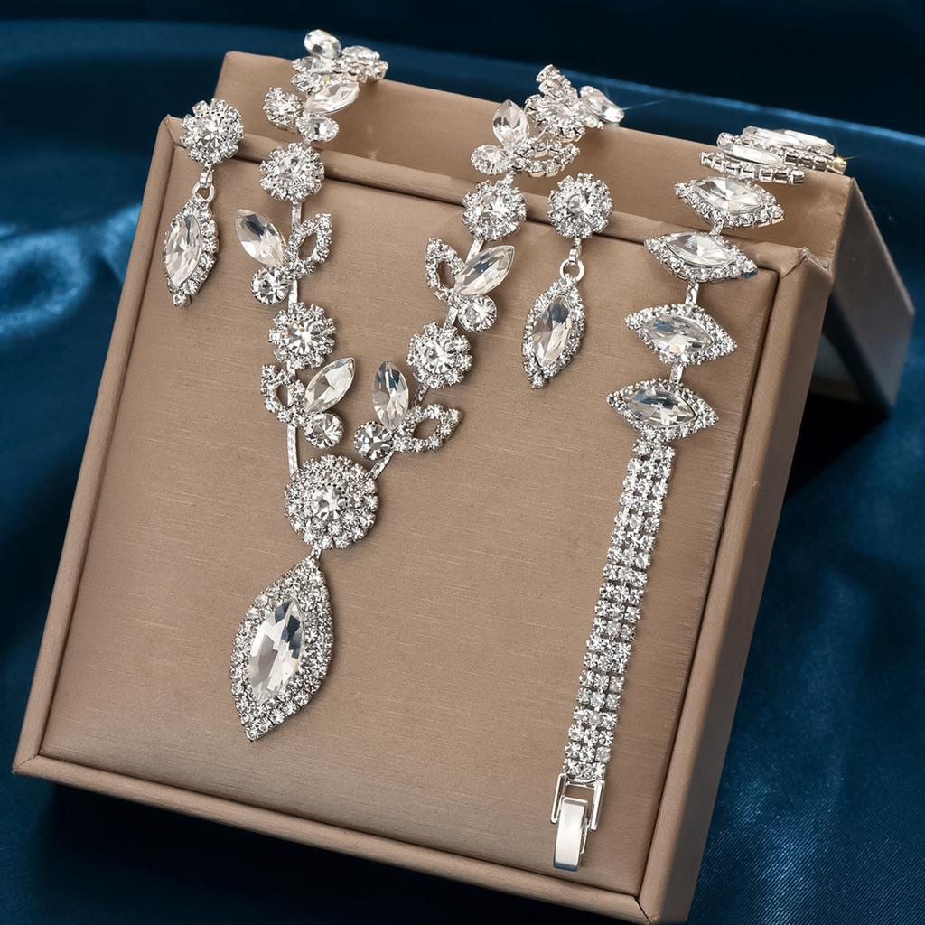 Bridal White Crystal Flower Jewelry Set, Banquet Wedding Dress Necklace Accessories