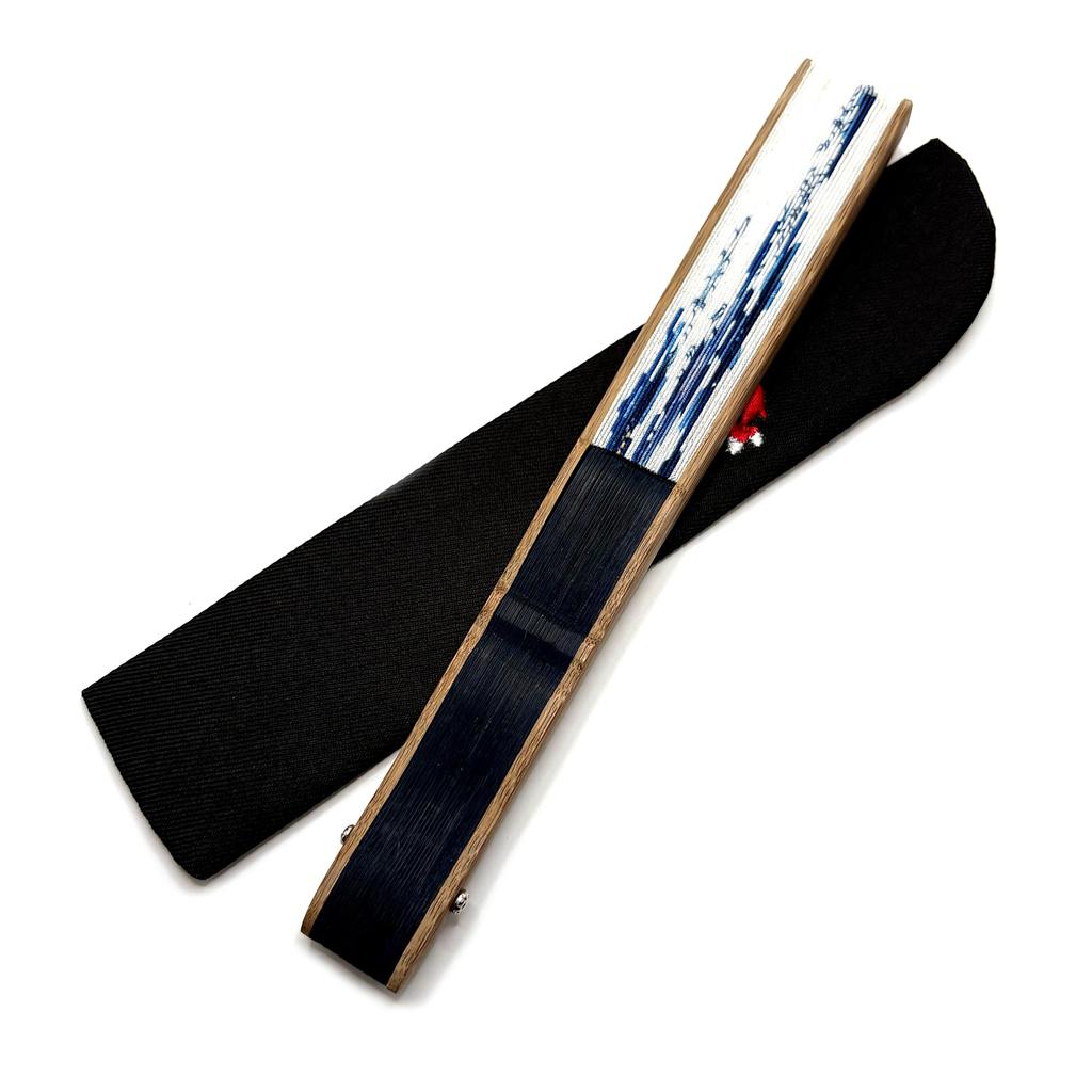 [Hanakanzashi] Women's Clematis Fan Set with Fan Case, White, Indigo, Navy Blue, 21cm [1061 Clematis]