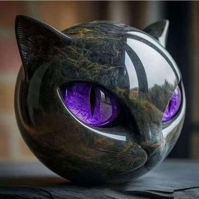 1Pcs Blue Luxurious Black Cat Stone Resin Sculpture - Elegant Volcanic Rock Effect Statue with Intricate Marble Pattern Eyes and Shar