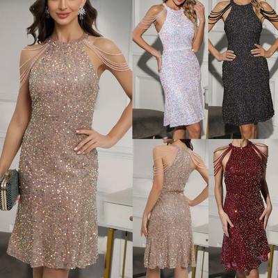 Ärmelloses Quasten-Schulter-Taillen-enges Hüft-Wickelkleid-Kleid für Damen mit Pailletten-Dekor, mittellanges Neckholder-Bleistiftkleid für Cocktailparty