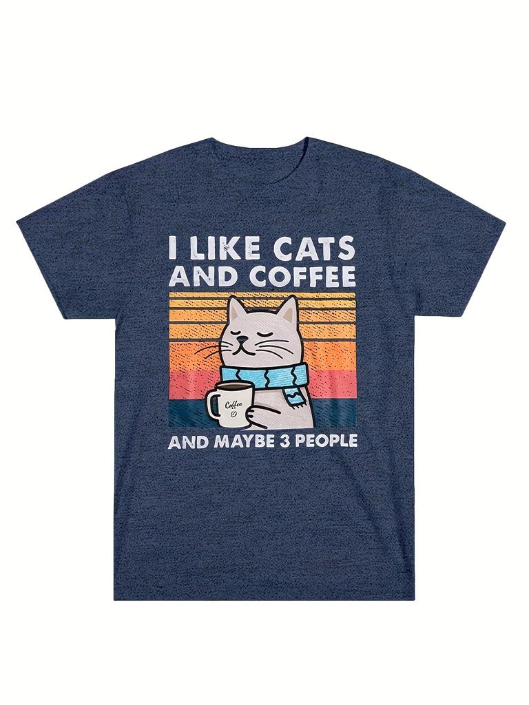 Cat Shirt I Like Cats and Coffee and Maybe 3 People Graphic T-Shirt Vintage Cat Lover Shirts Retro Coffee Lover Gift Tee Tops