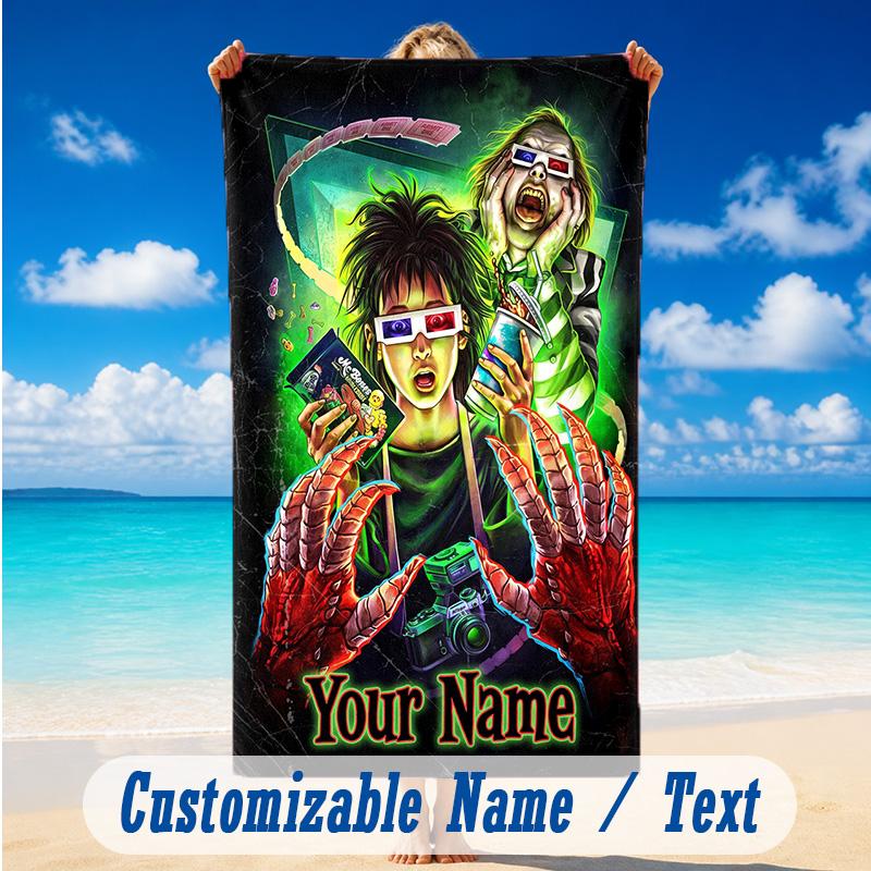Beach Towel Custom Name Text, Quick Dry Large Towel For Beach HomeBeetlejuice Lydia Deetz