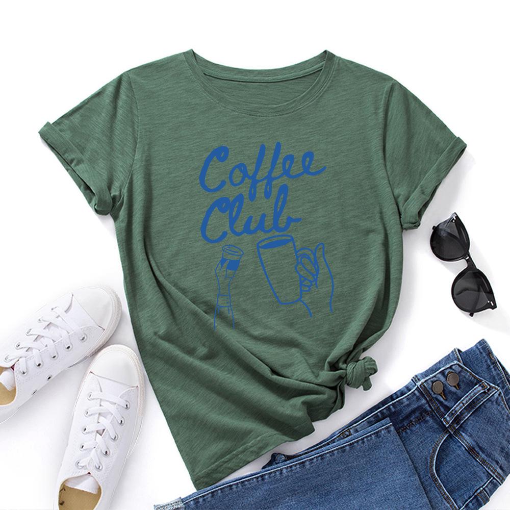 Coffee Alphabet Cotton T-Shirt Short Sleeve Round Neck Women 2d Print Tops
