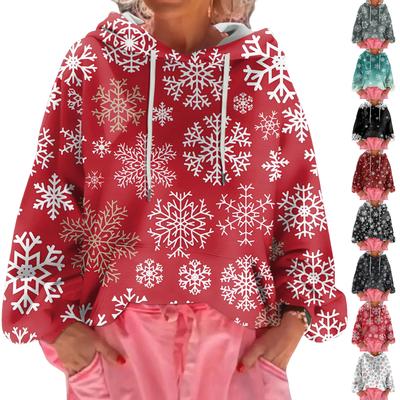 Felpa con cappuccio casual larga stampata per Natale da donna a maniche lunghe