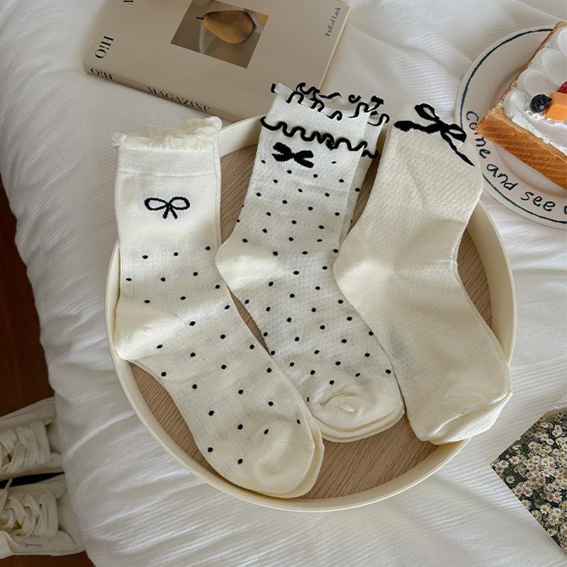 1/4 Paires Chaussettes en Coton pour Femmes Printemps et Automne Nœud Confortables Couleur Unie
