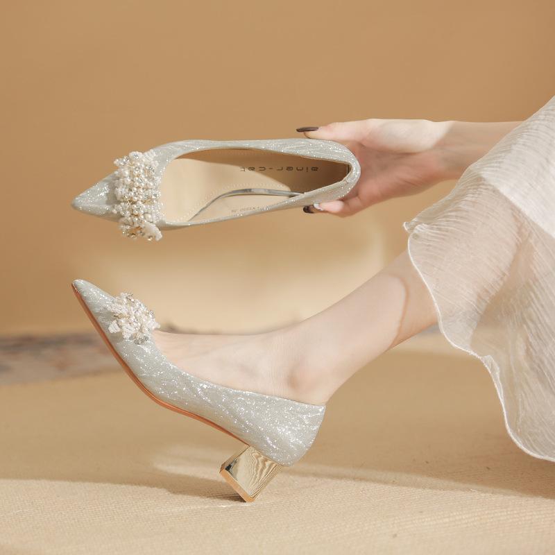 550-5 Pointed High Heels Women's Spring 2025 New Versatile Crystal Bridal Wedding Shoes Light Mouth Thick Heel Single Shoes