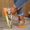 2025 New Plus Size Lace-up Colorful Low Top Shoes Women's Graffiti Lazy Canvas Flat Shoes