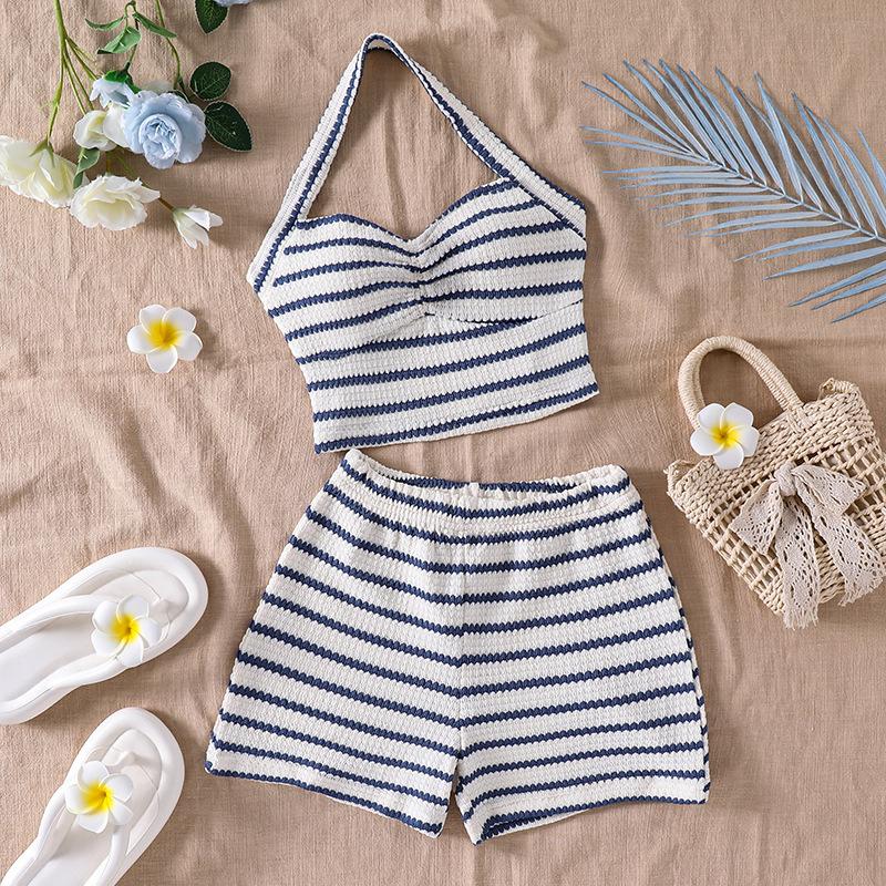 

Girls Fashionable Outfit - Summer Children s Striped Neckline Racerback Top with High-waisted Shorts Set of Two Pieces 130cm=8Y синий