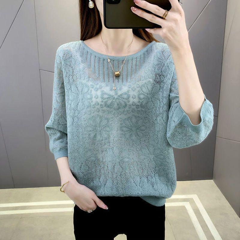 Hollow Knit T-shirt for Women Spring and Summer Round Neck Knit Sweater Loose Top for Women