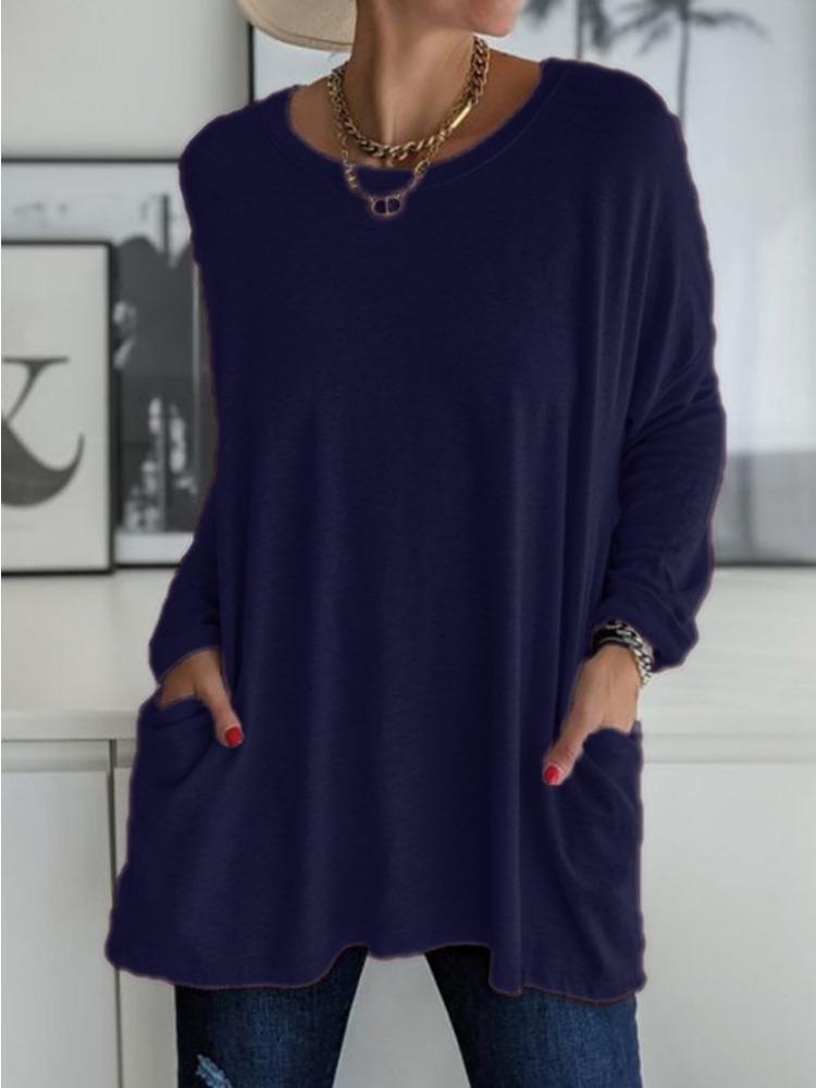 Spring and Summer New Round Neck Long Sleeved Loose Pocket Solid Color T-shirt Casual Women's Clothing