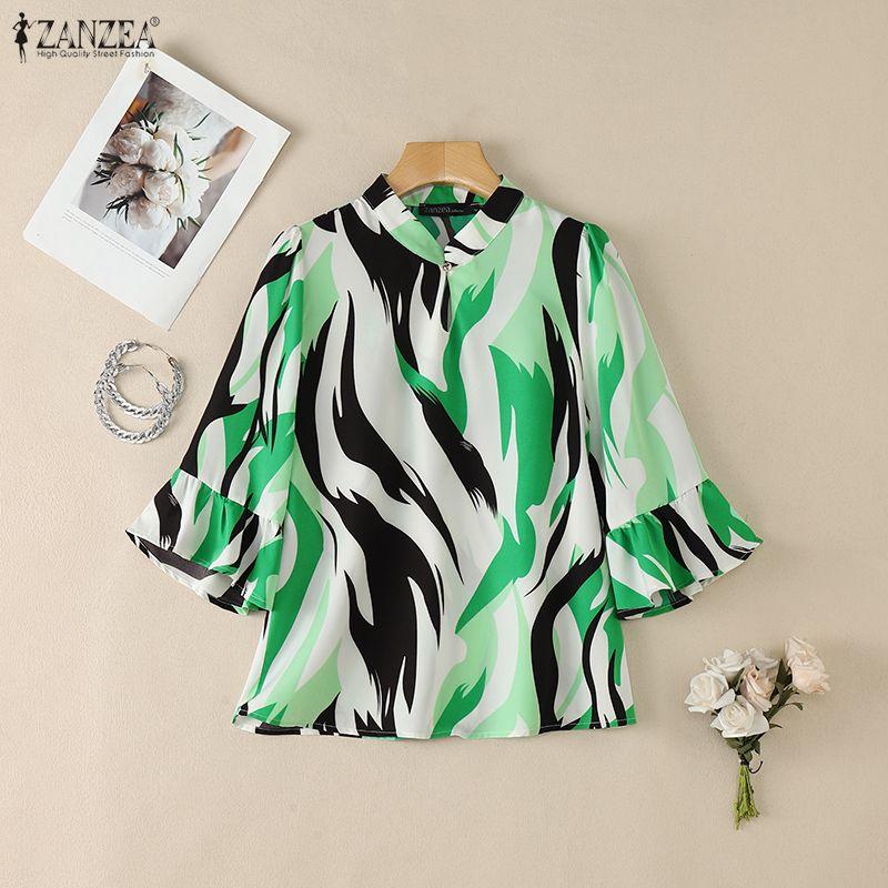 ZANZEA Women Casual Stand Collar Loose 3/4 Sleeve Print Blouse