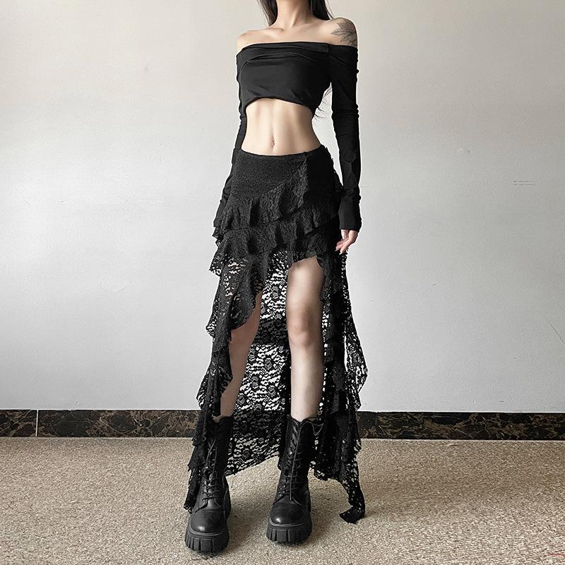 Nibber Tassels Women Skirts Irregular Hem Multi-Layered Ruffles Lace Patchwork Sweet Summer Trend Daily Skinny Versatile Bottoms