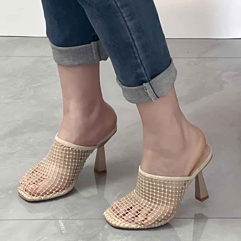 Fashion 2025 New Summer Shoes Women Sexy Hollow Mesh Square Toe Shoes for Women High Heels Summer Party Pumps Apricot Black