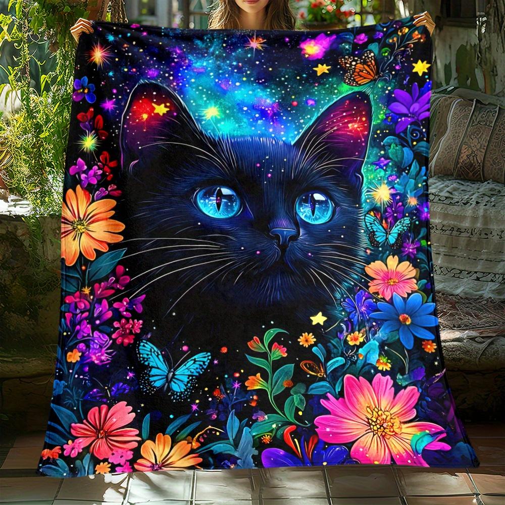 Mystic Black Cat Galaxy Floral Blanket Soft Flannel Throw Pillow Cover Home Decor Art Print Fantasy Animal Bedding Gift for Cat