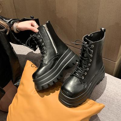 Europäische und amerikanische Außenhandel Damenstiefel in Übergröße 2025 Herbst neue Muffin-Plateau-Kurzstiefel runde Spitze Schnürung trendige Martin-Stiefeletten