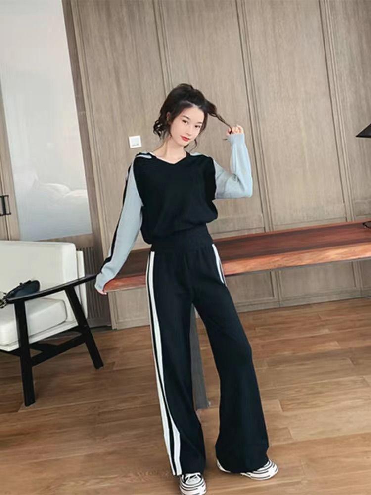 Women's Striped Hoodie & Wide-Leg Pants Two-Piece Set for Spring/Autumn 2026