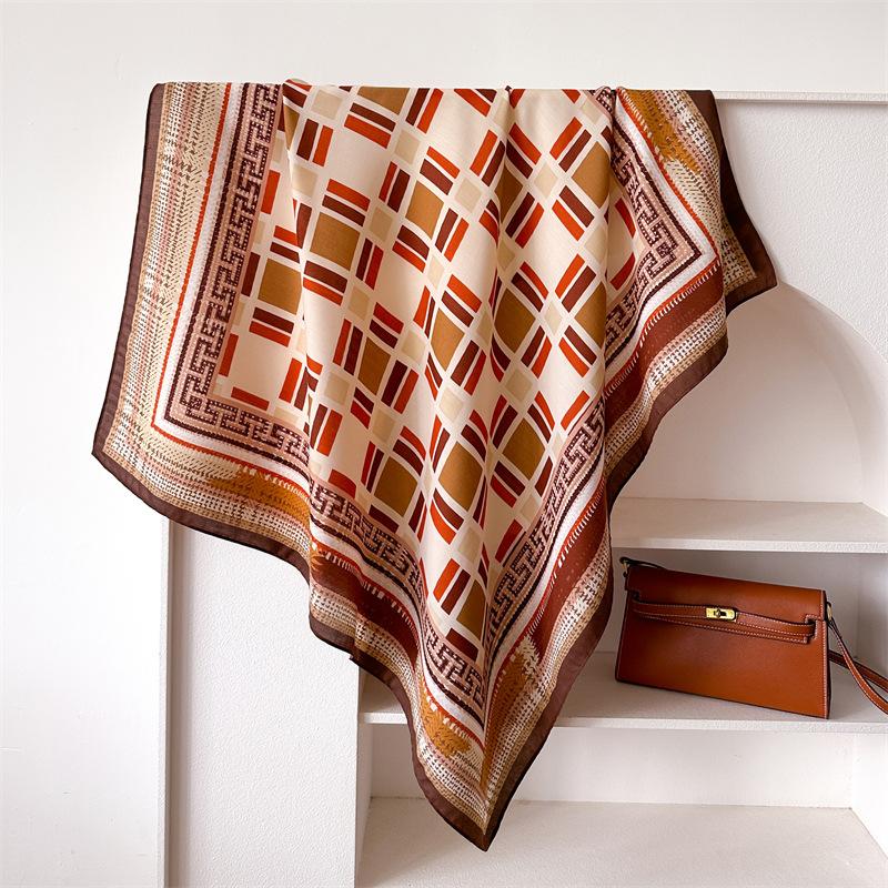 Grid 90*90Cm Twill Scarf Shawls Summer Fashion Beach Sunscreen Silk Scarves Print Square Headband Bandannas