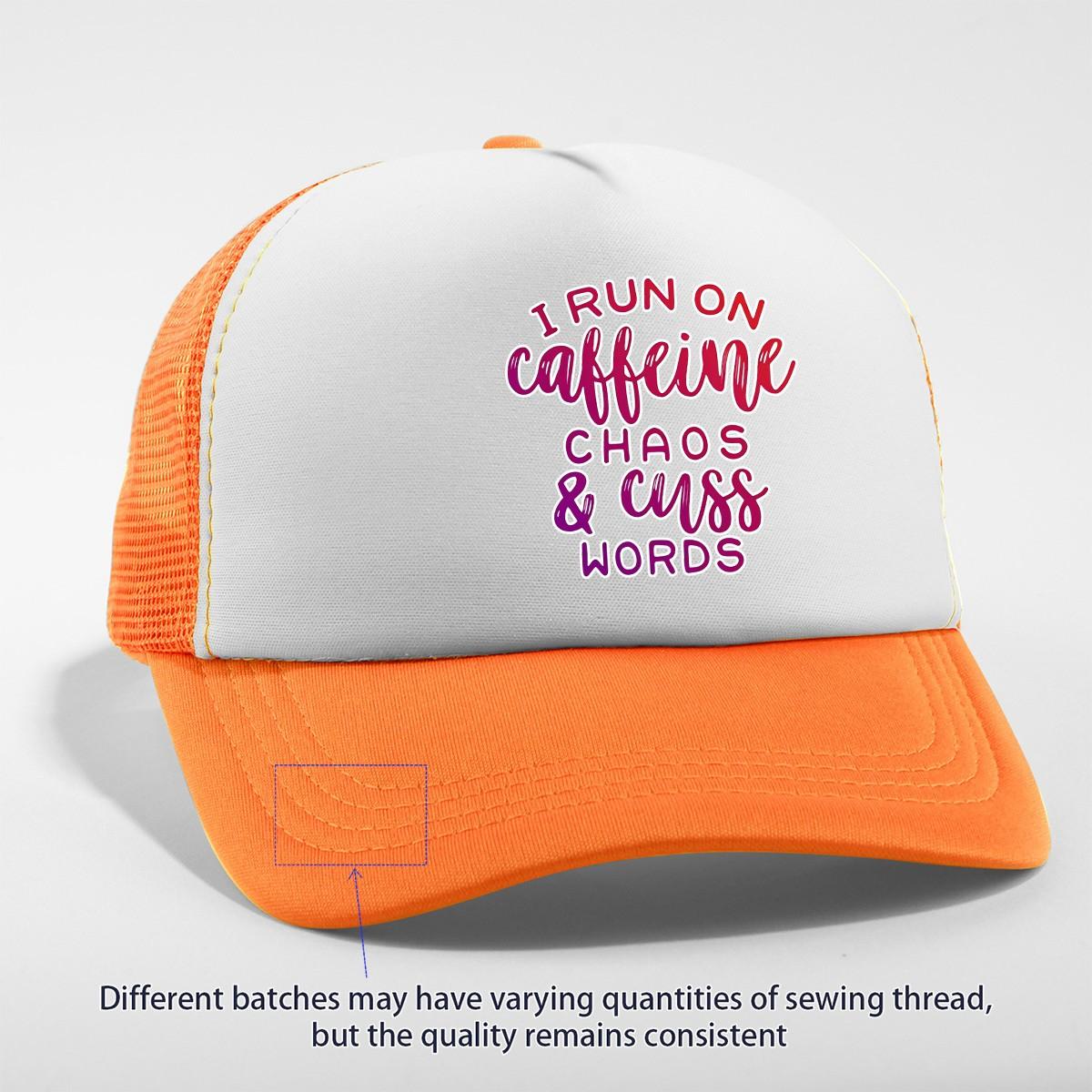 I Run On Caffeine Chaos Cuss Words Trucker Hat Adjustable Mesh Baseball Cap Casual Unisex One Size