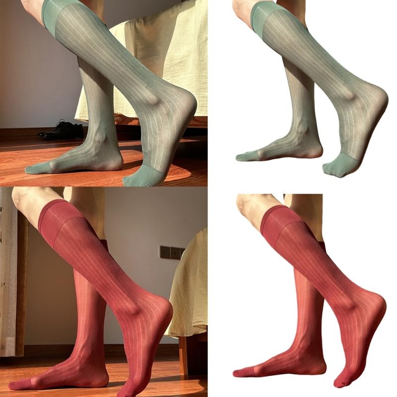 Mens Nylon Sheer Suit Socks Business Dress Socks Elastic Wide Striped See Through Formal Dress Over the Calf Stockings