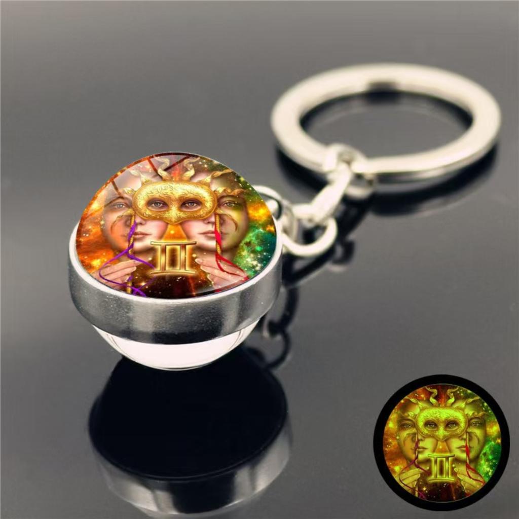 Schlüsselanhänger mit 12 Sternzeichen, im Dunkeln leuchtend, Taschenanhänger, Zeit-Edelstein, doppelseitiger Glaskugel-Schlüsselanhänger