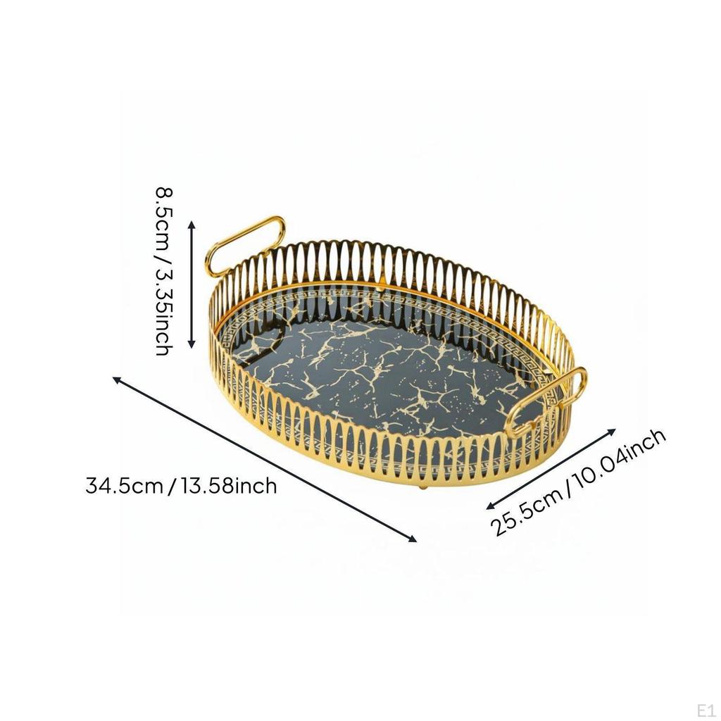 Oval Serving Tray Light Luxury Decorative Metal with Handles Versatile Marble Pattern Platter