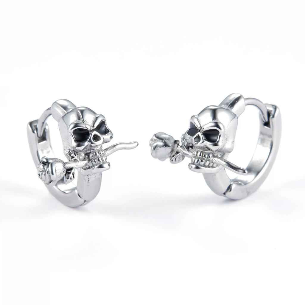 925 Sterling Silver Skull Stud Mens Earrings Vintage Black Earring Men Punk Skeleton Studs for Men Biker Jewelry 1pcs