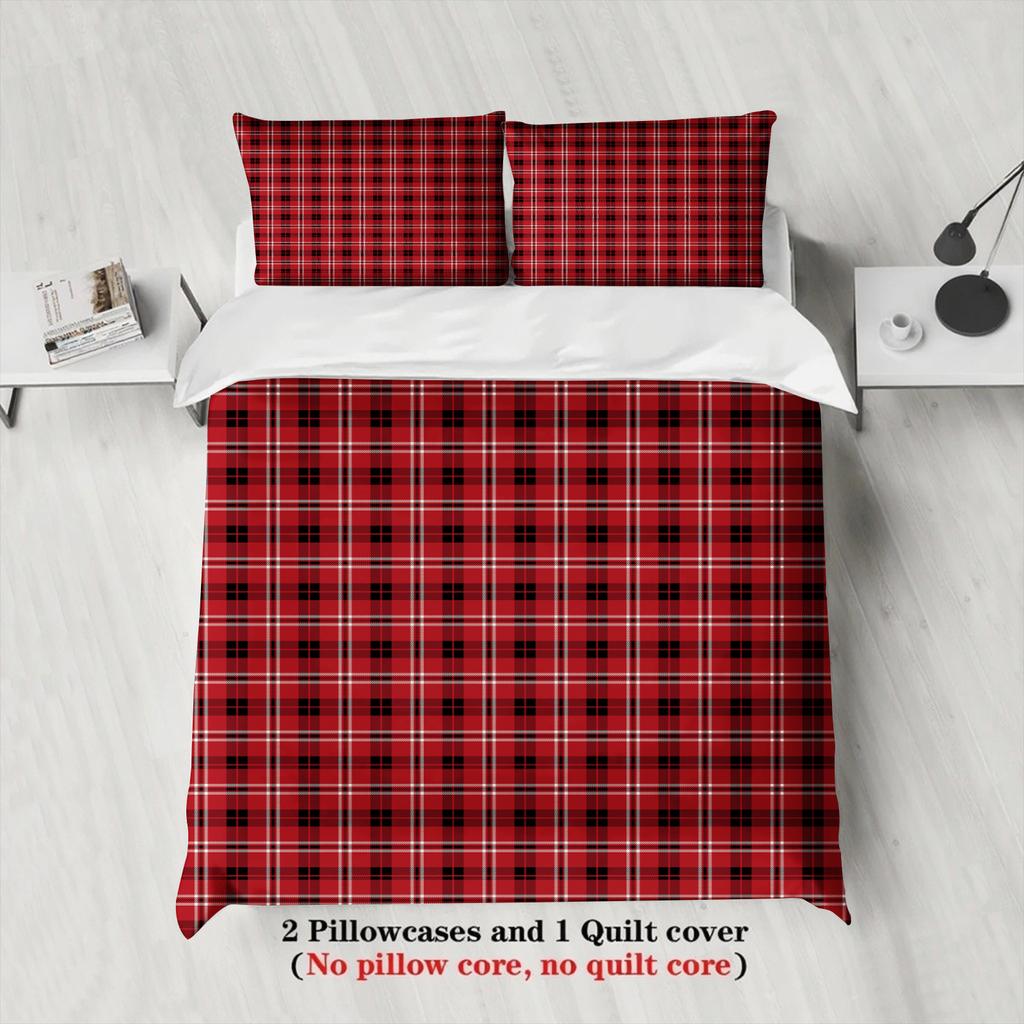 3-teiliges Frohe Weihnachten Bettwäsche-Set Rotes Karomuster 3D-Druck Atmungsaktiver Bettbezug King Queen Twin Einzelgröße Geburtstagsgeschenk Raumdeko