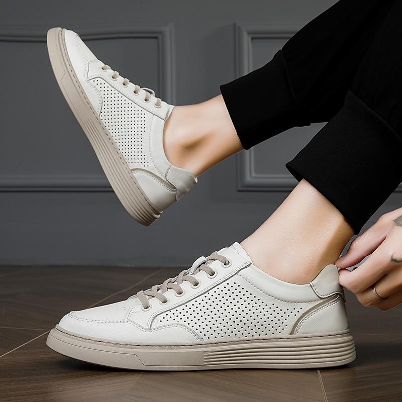 Men's Summer Perforated Leather Sneakers - Breathable Genuine Cowhide with Thick Sole