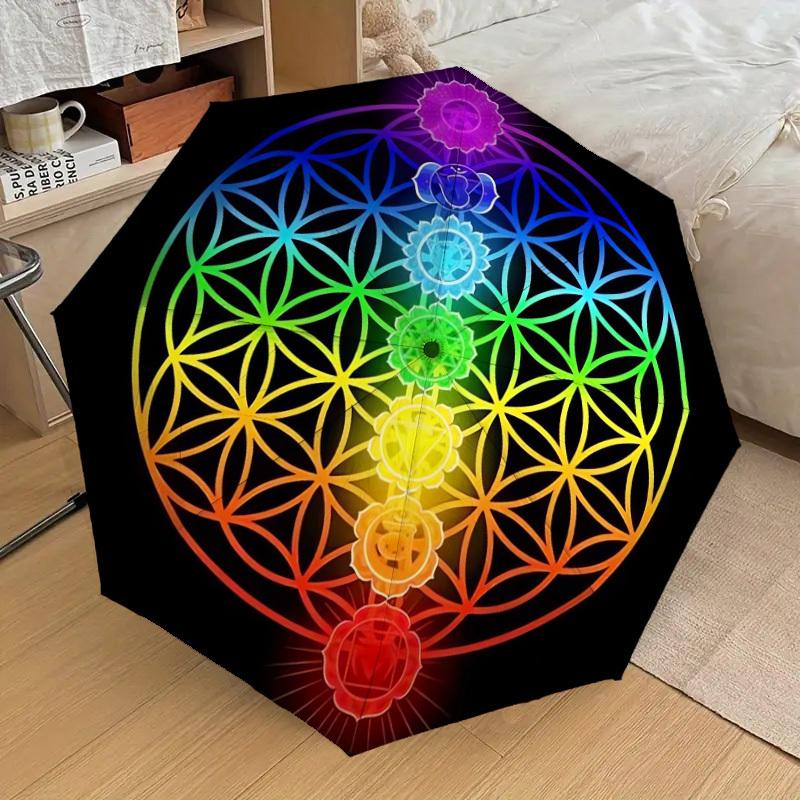 1pc Chakra Flower of Life Mandala Umbrella with Plastic Handle,Suitable for All Seasons Home Travel Outdoor UmbrellaDD210