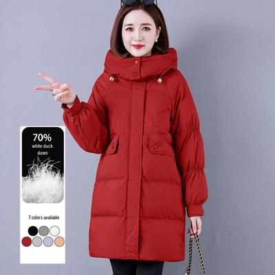 Damen Glänzende Weiße Entendaunenjacke - Wintermode, Warmer Stehkragen, Mittellange Länge