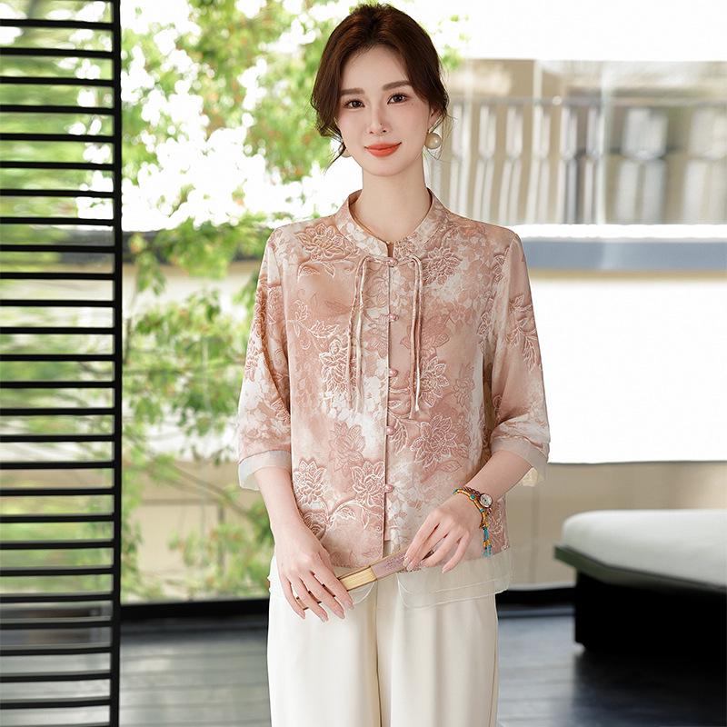 

2026 New Chinese Style Summer 7-Point Sleeve Shirt for Stylish Middle-Aged and Elderly Women XL (85-100 jin) рожевий
