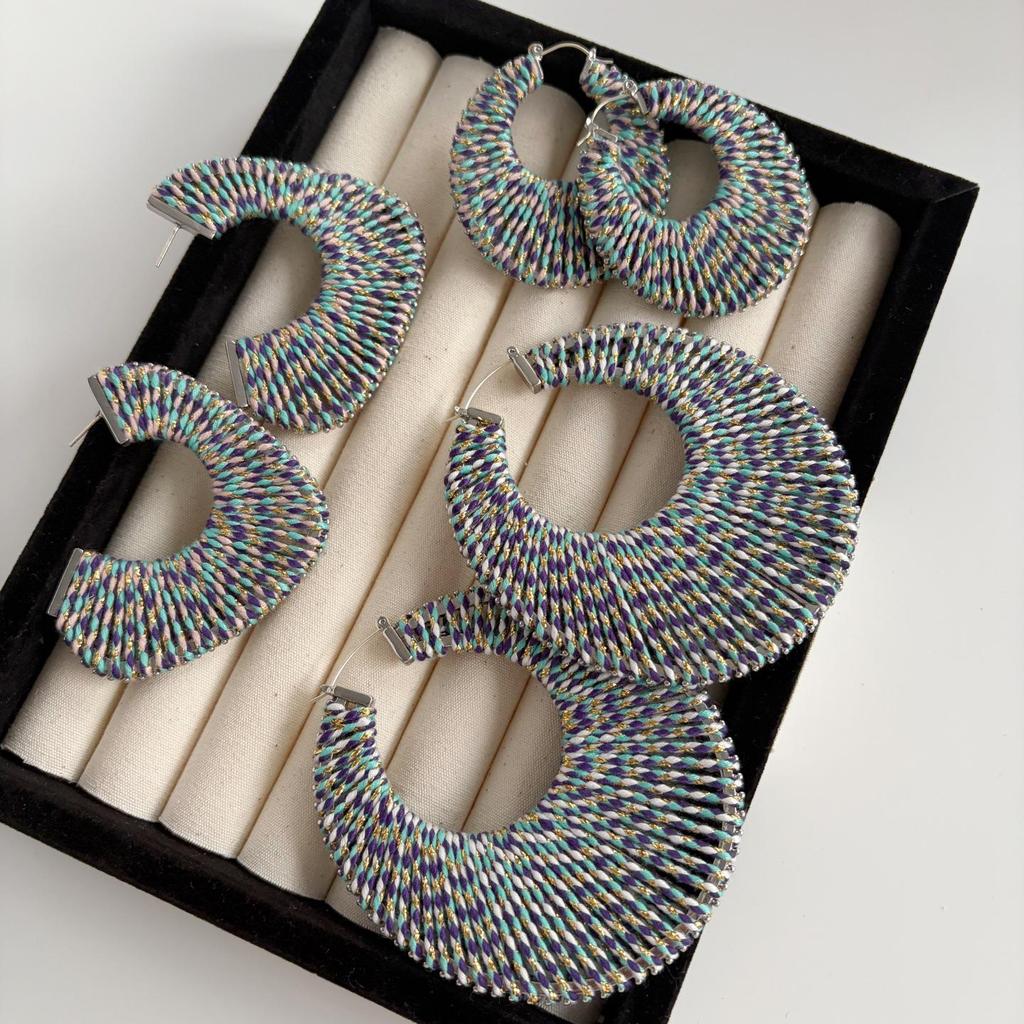 High-End Retro Versatile Ear Cuffs: Colorful Woven Hoops with 925 Silver Studs