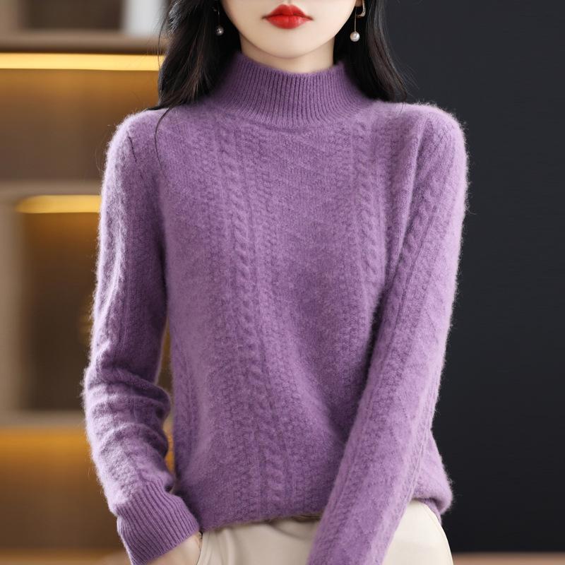 Women's Cable Knit Wool Sweater: Autumn/Winter Warm, Skin-Friendly, Half-High Collar, Seven-Needle Knit.