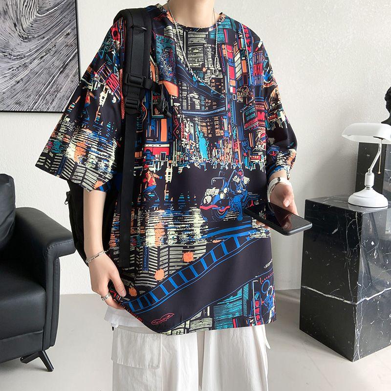 

Американские пуловеры с ручной росписью Мужская одежда Контрастные цвета Летний короткий рукав Винтажные повседневные Футболки свободного кроя с круглым вырезом XXXL чёрный