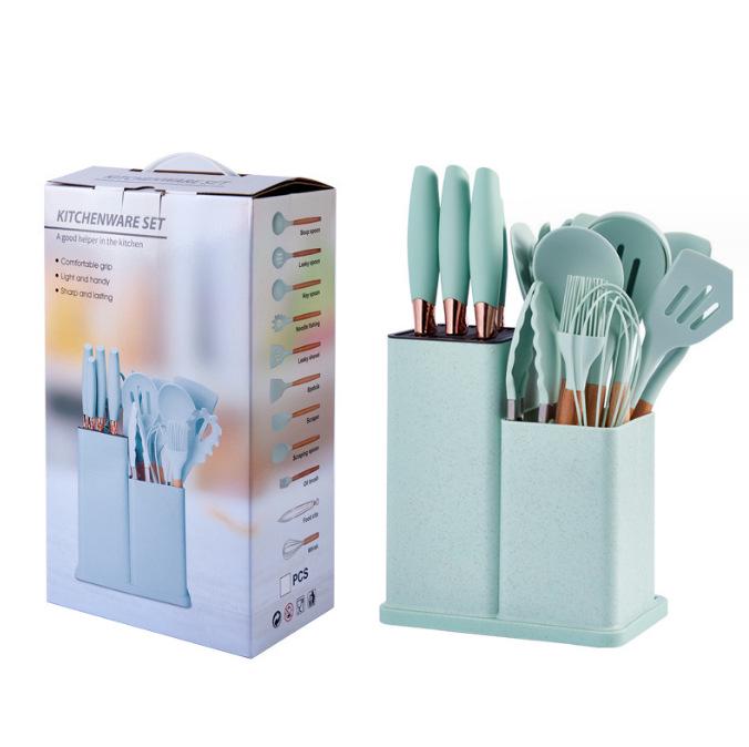19-Piece Non-Stick Silicone Kitchen Utensil Set with Knives and Storage Bucket