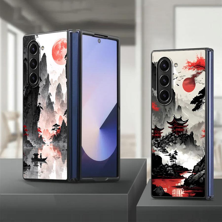 Ink Art Print Japanese Landscape Mountain Back Phone Cover Case for Samsung Galaxy ZFold4 ZFold6 ZFold7 ZFold5 Z Fold 7 6 5 4 3