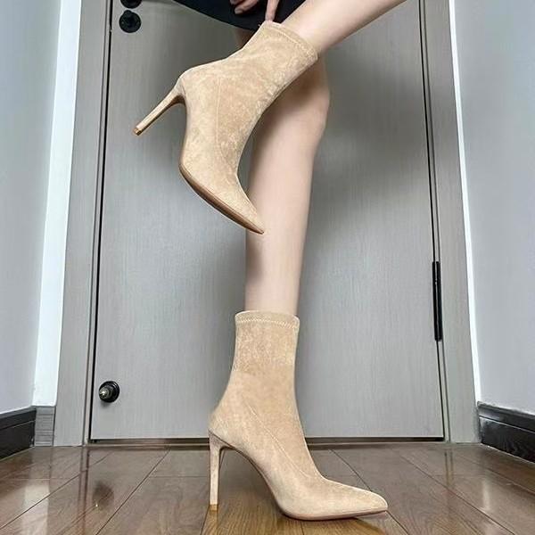 Mode Campus Skinny Stiefel Kurze Stiefel Damen Spitz Hoher Absatz Saison Skinny Absatz Sockenstiefel Wildleder Koreanische Ausgabe