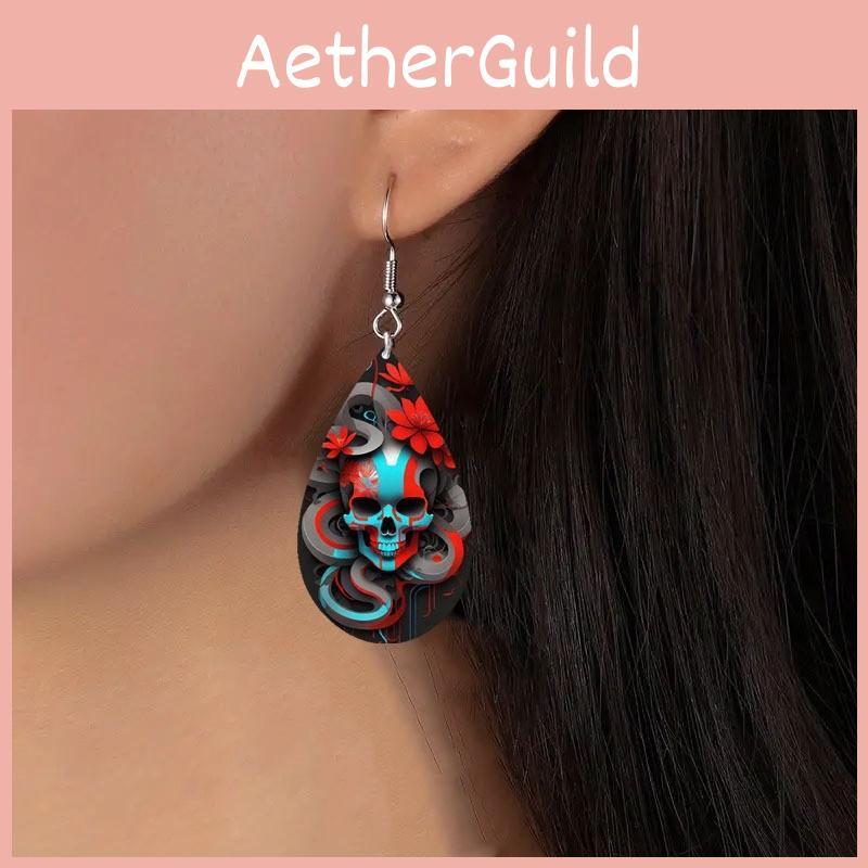 Flower Themed Halloween Skull Patterns Water Droplet Shaped Earrings Women