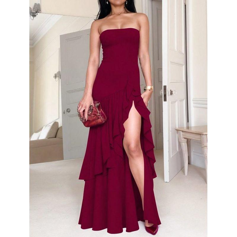 

Sexy Purple Frill High Slit Tube Top Dress 2025 Summer New Gyaru Slim fit Slimming Long dress Women Wine red S
