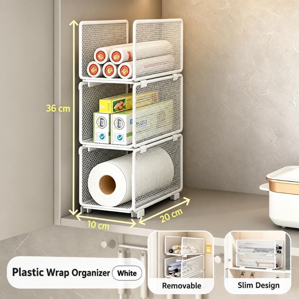Stackable Kitchen Cabinet Organizer Rack, Iron Mesh Storage Shelf for Plastic Wrap, Paper Rolls and Boxed Supplies