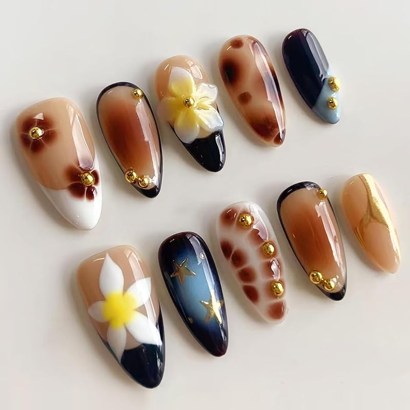 24Pcs Leopard Print French Tip Press On Nails Medium Almond Fake Nails Bow Glue On Nail 3D Pearl Gems Cute False Nails French Stick On Nail Bow