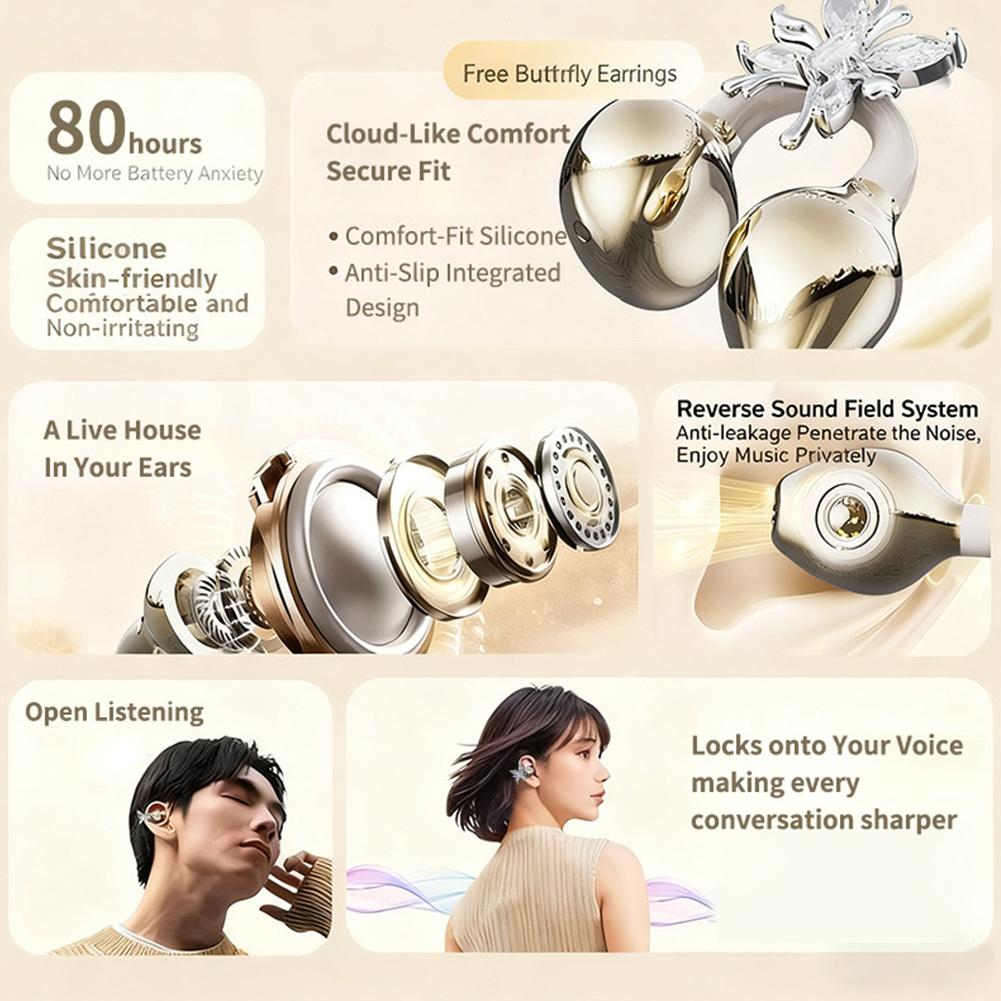Sports Bluetooth 5.4 Headphones Wireless Ear-clip Earbuds Intelligent Noise Cancellation Earphones Butterfly Diamond Buckle Decor