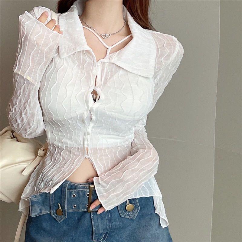 

Women s Retro Sheer Mesh Long Sleeve Cardigan - Slim Fit, Button-Up, Versatile Sun Protection Top S 75-95 kg білий