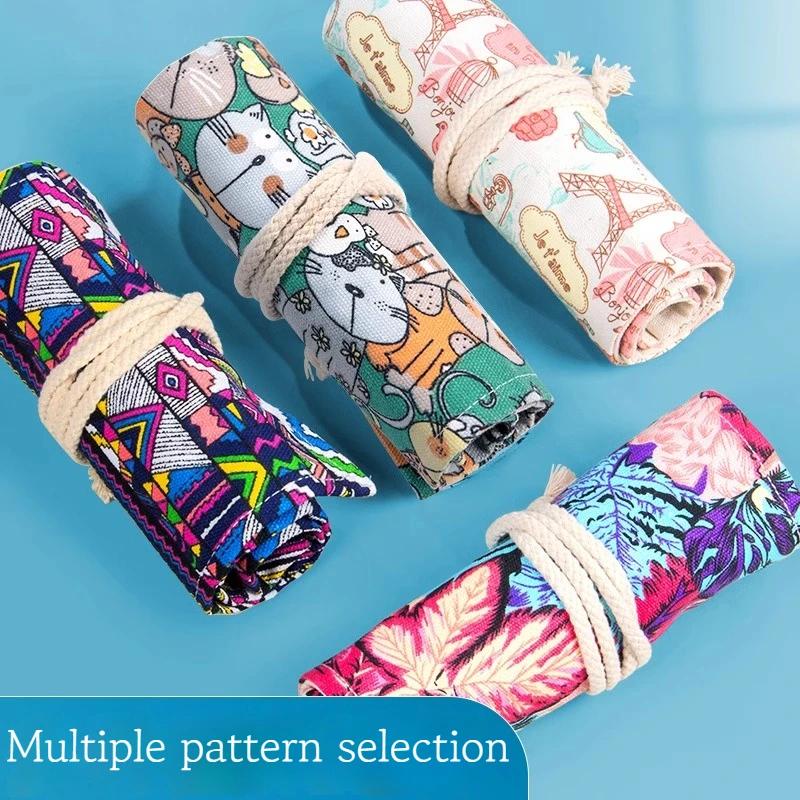 36/48/72 Hole Roll Art Pencil Case Korean Style Canvas Student Pencil Bag Paint Brush Art Holder Student Supplies Stationery