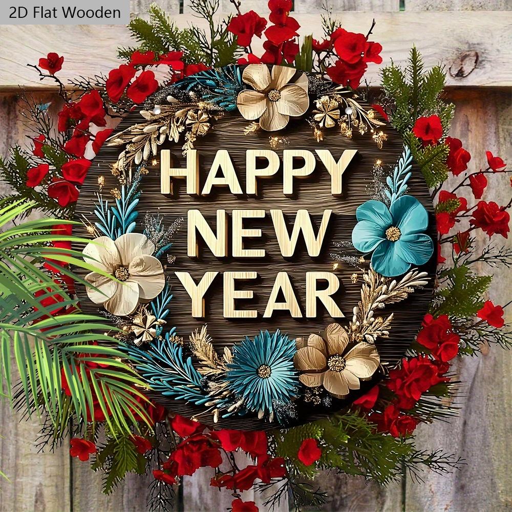 Artistic Happy New Year Wooden Sign - Wreath Round Sign for Front Door, Wall Hanging Decor - Ideal Festival Ornament