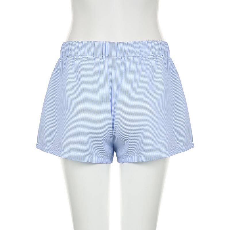 Fashion Summer Simple Striped Women Beach Shorts Loose Elastic Waist Sports Casual Short Pants Elegant Buttons Simple Basic Thin Women's Clothing