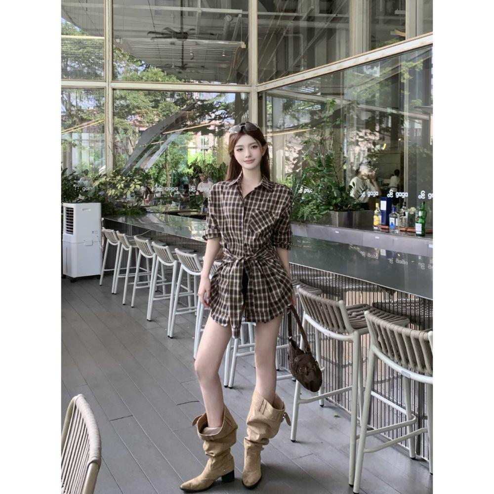 Spicy Girl HK Style Plaid Tie-Waist Long-Sleeve Shirt for Women - Versatile Loose Mid-Length Top for Early Autumn 2025