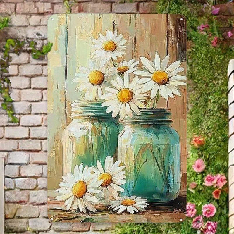 2D Flat, 1pc Vintage Floral Metal Tin Sign Wall Art - Rustic Mason Jars with Daisies Design, Distressed 8x12 Inch Home Decor for